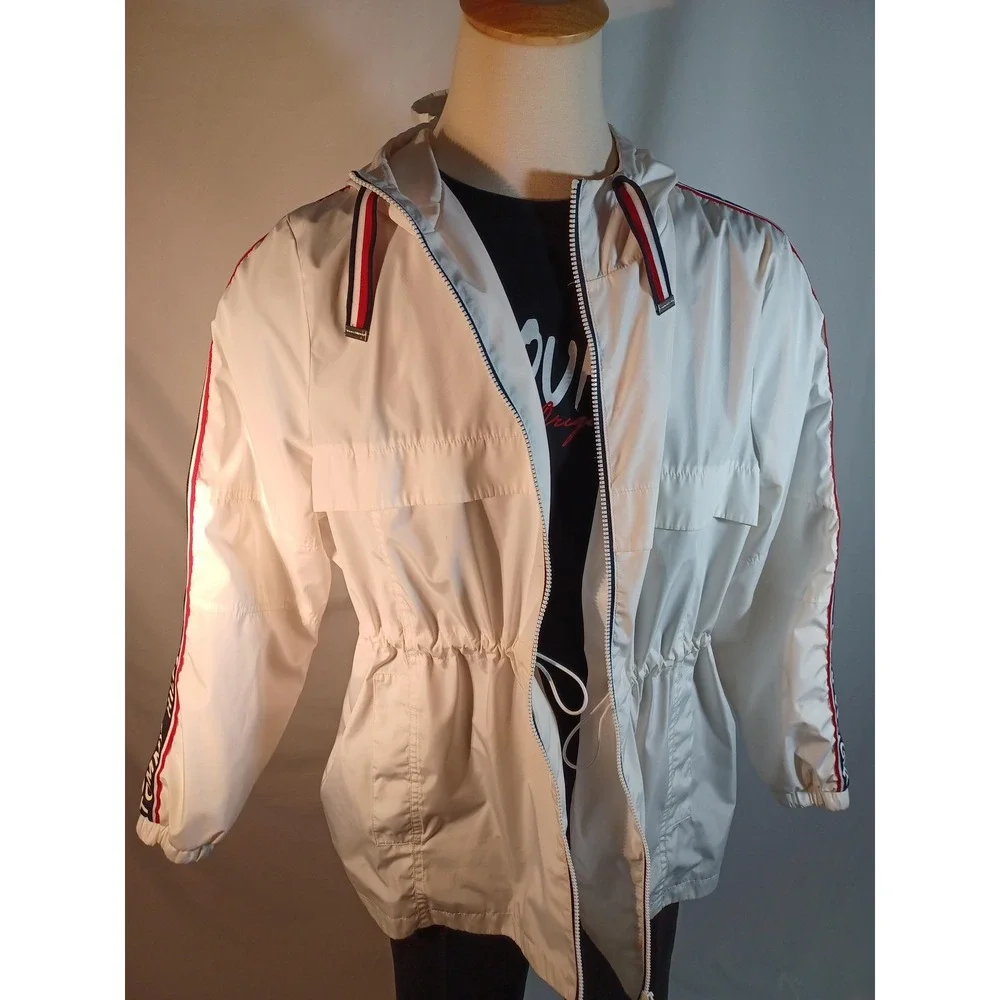Tommy Hilfiger Jacket Mens 2XL White Hooded Windbreaker‎ Logo Tape Zip Casual
